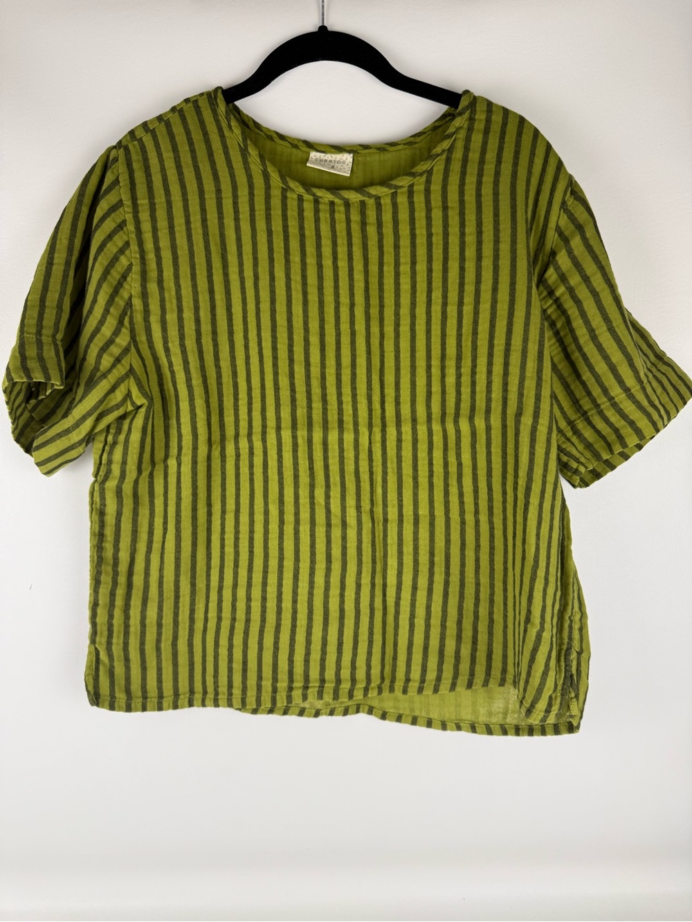 Curator SF Hanna Tee Avocado Green Striped Cotton Gauze Top S - Picture 2 of 6